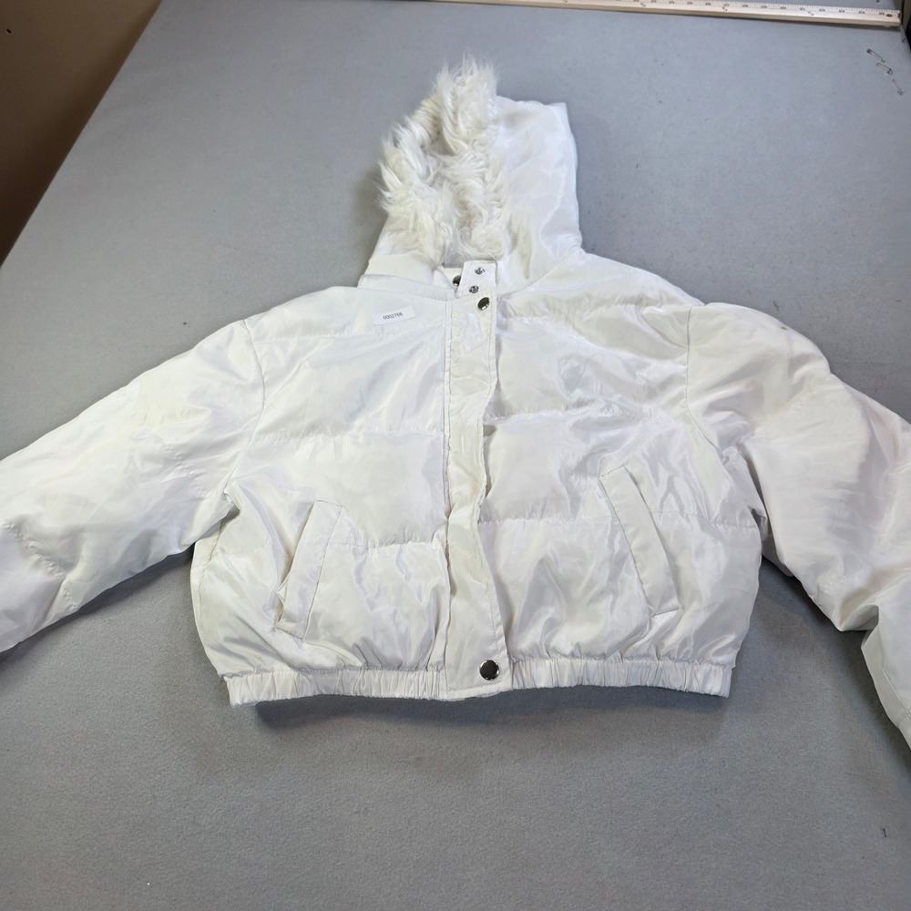 SHEIN White Cropped Puffer Jacket Faux Fur Hood Quilted Winter Coat Small